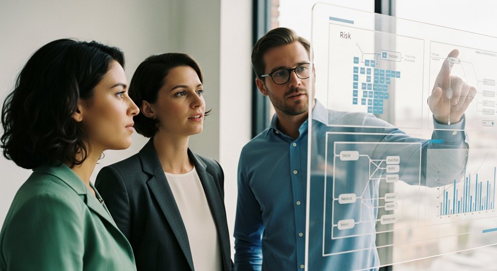 Ein Team von Compliance-Experten diskutiert eine GwG-Risikoanalyse vor einem digitalen Bildschirm.
