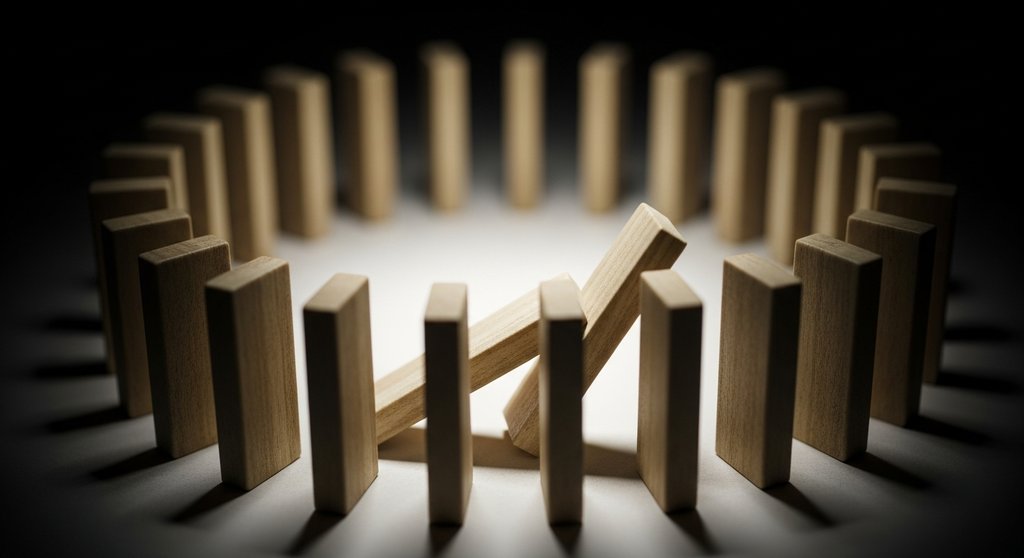 Eine Domino-Kettenreaktion als Symbol für den Transmissionsmechanismus der Geldpolitik.