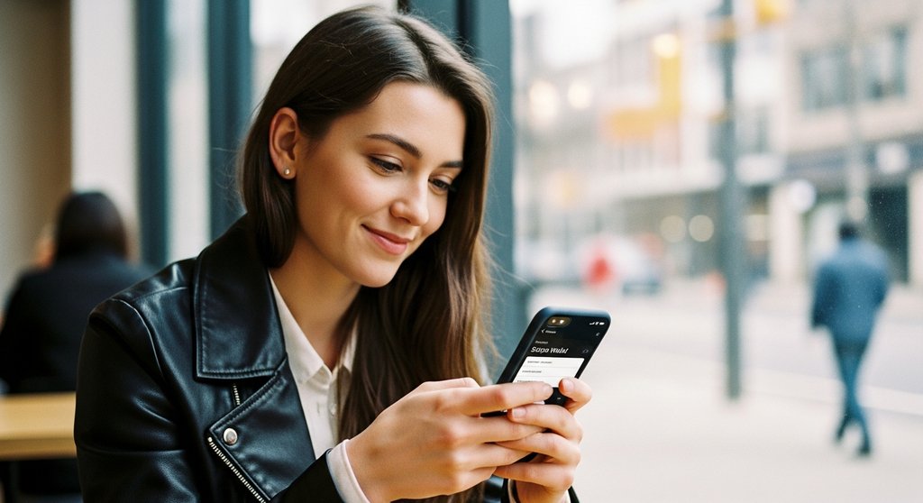 Eine Frau prüft erfolgreich ihre Krypto-Wallet auf dem Smartphone nach Nutzung der PancakeSwap Anleitung.