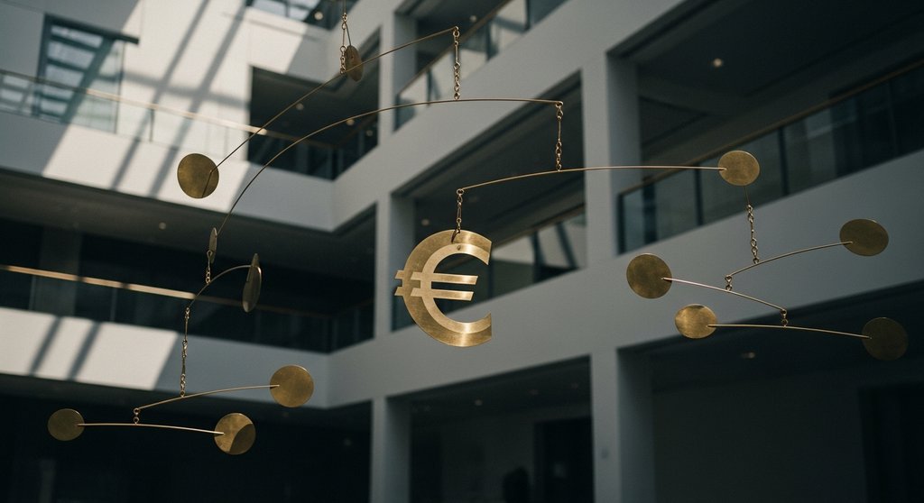 Eine große, ausbalancierte Messingskulptur mit Euro-Symbol, die das Mandat der EZB für Preisstabilität symbolisiert.