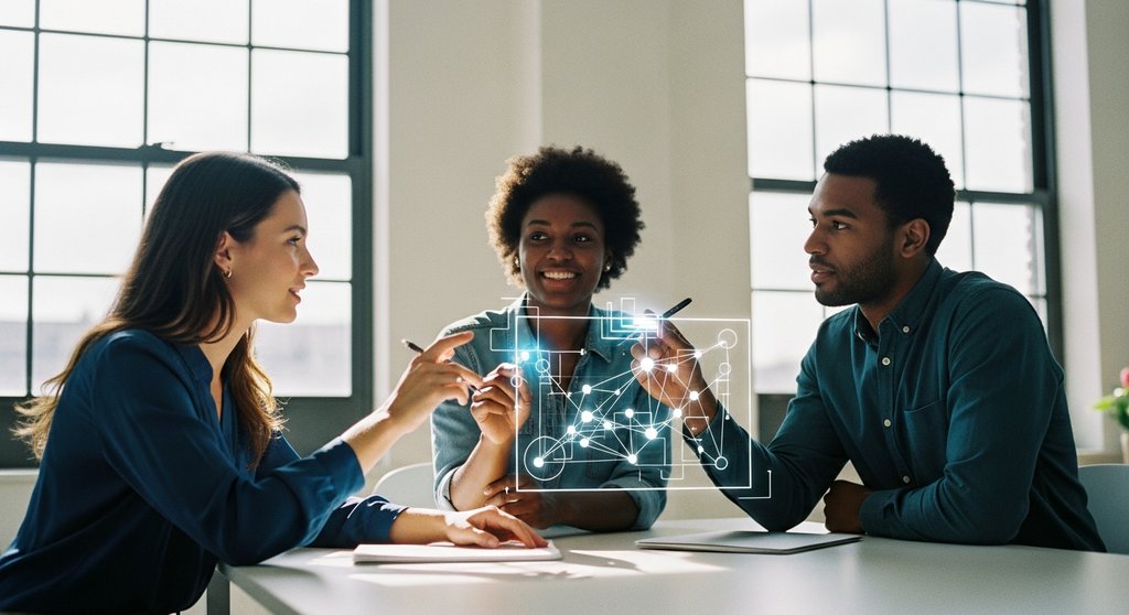 Eine Gruppe von Menschen interagiert mit einer dezentralen Netzwerk-Grafik, die das Konzept von DeFi symbolisiert.