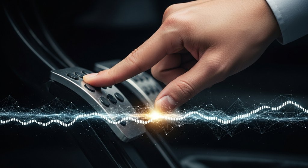 Eine Hand betätigt eine Bremse in einem digitalen Netzwerk, als Metapher für restriktive Geldpolitik zur Kontrolle der Wirtschaft.