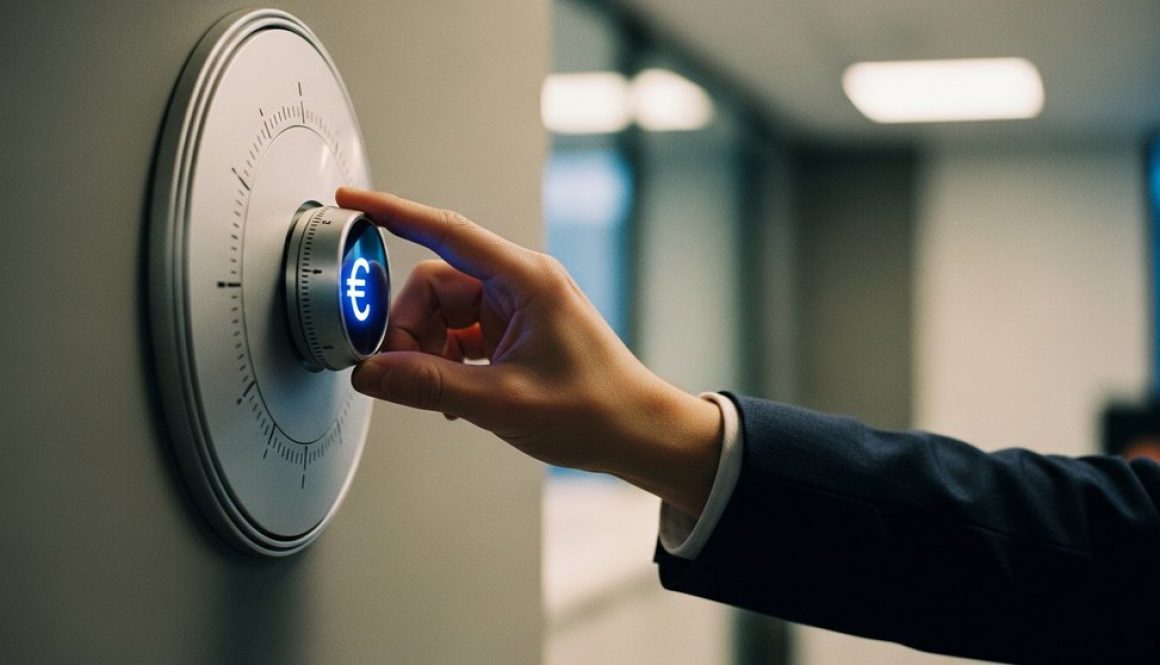 Eine Hand, die den EZB-Leitzins symbolisch an einem Thermostat regelt.