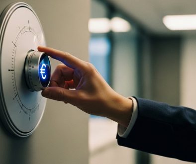 Eine Hand, die den EZB-Leitzins symbolisch an einem Thermostat regelt.