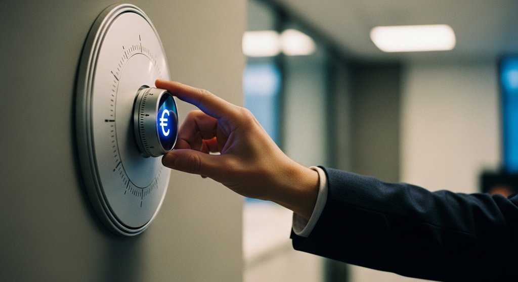 Eine Hand, die den EZB-Leitzins symbolisch an einem Thermostat regelt.