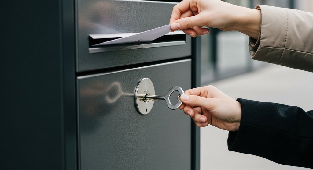 Eine Hand mit einem Schlüssel (Private Key) öffnet einen Briefkasten, um eine Transaktion zu empfangen.