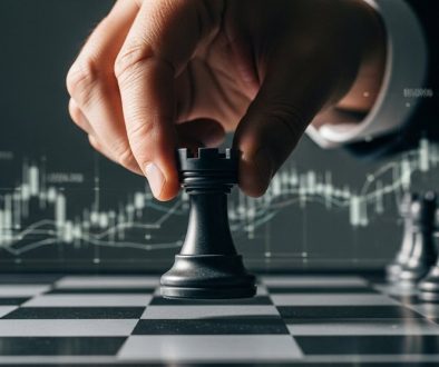 Eine Hand setzt eine Burg-Schachfigur auf ein Brett; Symbol für die strategischen Aufgaben einer Zentralbank.