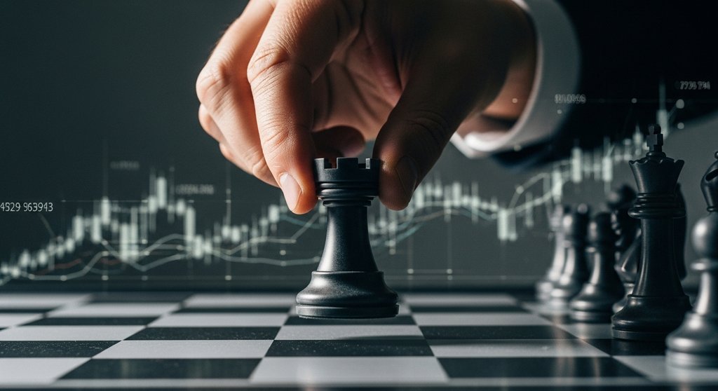 Eine Hand setzt eine Burg-Schachfigur auf ein Brett; Symbol für die strategischen Aufgaben einer Zentralbank.