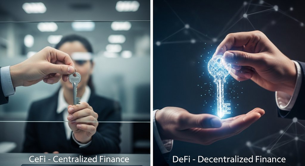 Eine Hand übergibt einen Schlüssel an eine Bank (CeFi) vs. eine Hand, die einen leuchtenden Schlüssel selbst hält (DeFi).