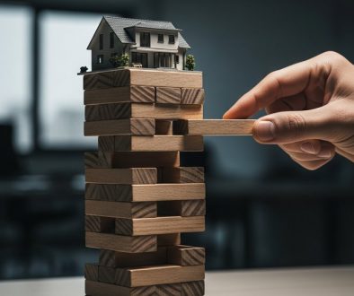Eine Hand zieht einen Holzblock aus einem wackeligen Turm, auf dem ein Haus steht – Symbol für die Immobilienblase in Deutschland.