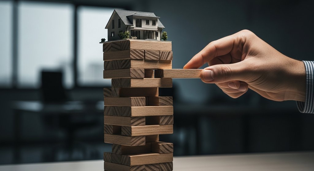 Eine Hand zieht einen Holzblock aus einem wackeligen Turm, auf dem ein Haus steht – Symbol für die Immobilienblase in Deutschland.