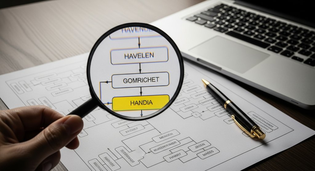 Eine Lupe untersucht das Organigramm eines Unternehmens zur Feststellung des wirtschaftlich Berechtigten.