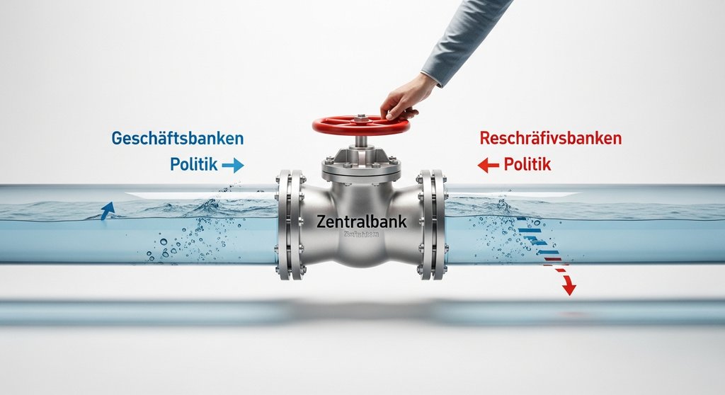 Eine Metapher für Offenmarktgeschäfte: Ein Ventil mit der Aufschrift 'Zentralbank' steuert den Wasserfluss zu Geschäftsbanken.