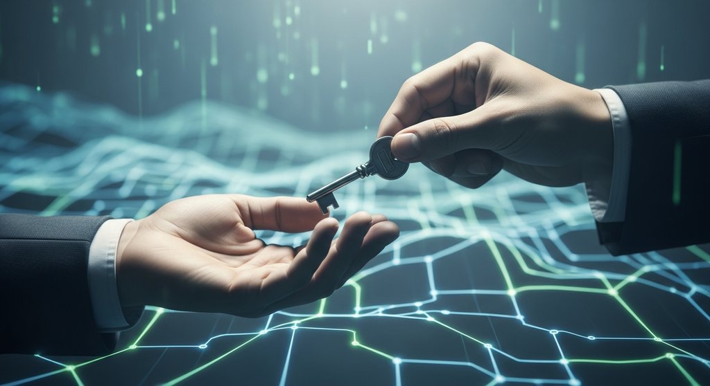 Eine metaphorische Darstellung eines Private Keys, der wie ein physischer Schlüssel übergeben wird.