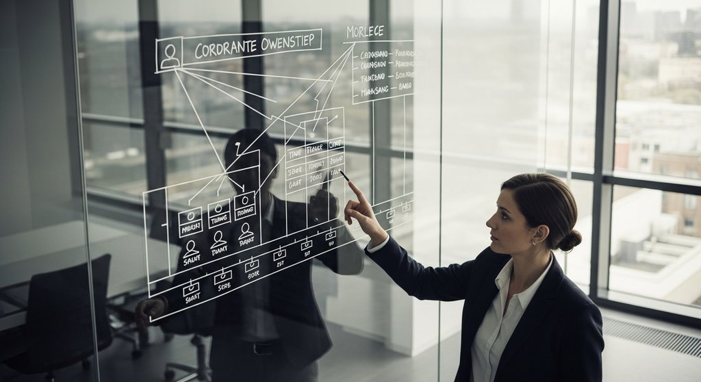 Eine Person analysiert die komplexe Struktur eines Unternehmens, um den wirtschaftlich Berechtigten zu ermitteln.