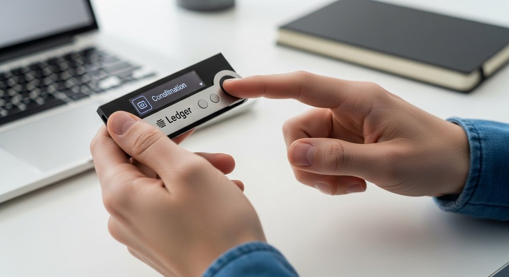 Eine Person bestätigt eine Transaktion auf einem Ledger Wallet, was die physische Sicherheitskomponente verdeutlicht.
