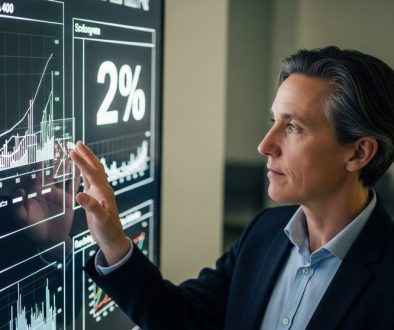 Eine Person blickt nachdenklich auf eine Finanzgrafik, die das Inflationsziel von 2 Prozent anzeigt.