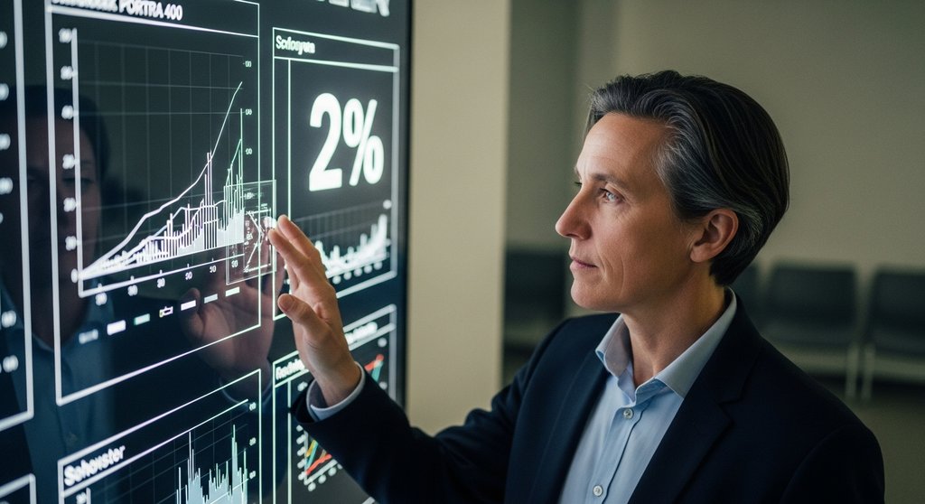 Eine Person blickt nachdenklich auf eine Finanzgrafik, die das Inflationsziel von 2 Prozent anzeigt.
