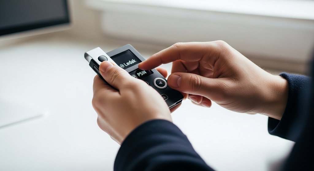 Eine Person hält eine Hardware Wallet sicher in den Händen und gibt die PIN ein, um eine Transaktion zu autorisieren.