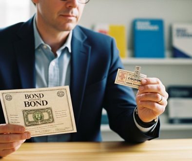 Eine Person hält einen Zinskupon und ein Anleihen-Zertifikat in der Hand.