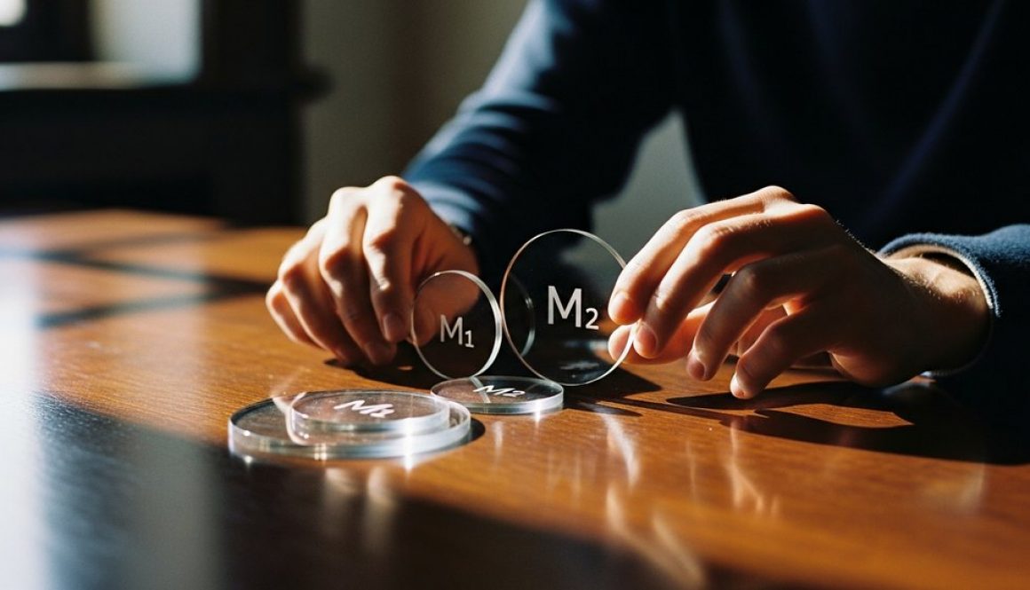 Eine Person ordnet drei gläserne Kreise, die die Geldmengen M1, M2 und M3 symbolisieren, auf einem Tisch an.