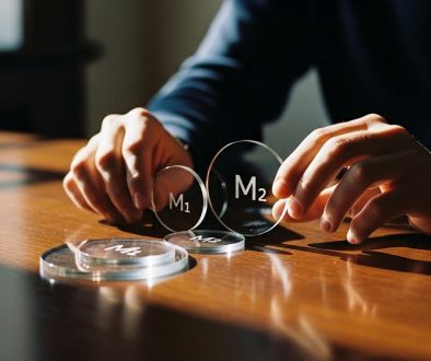 Eine Person ordnet drei gläserne Kreise, die die Geldmengen M1, M2 und M3 symbolisieren, auf einem Tisch an.