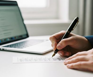 Eine Person sichert sorgfältig ihre MetaMask Seed Phrase handschriftlich auf einer Karte.