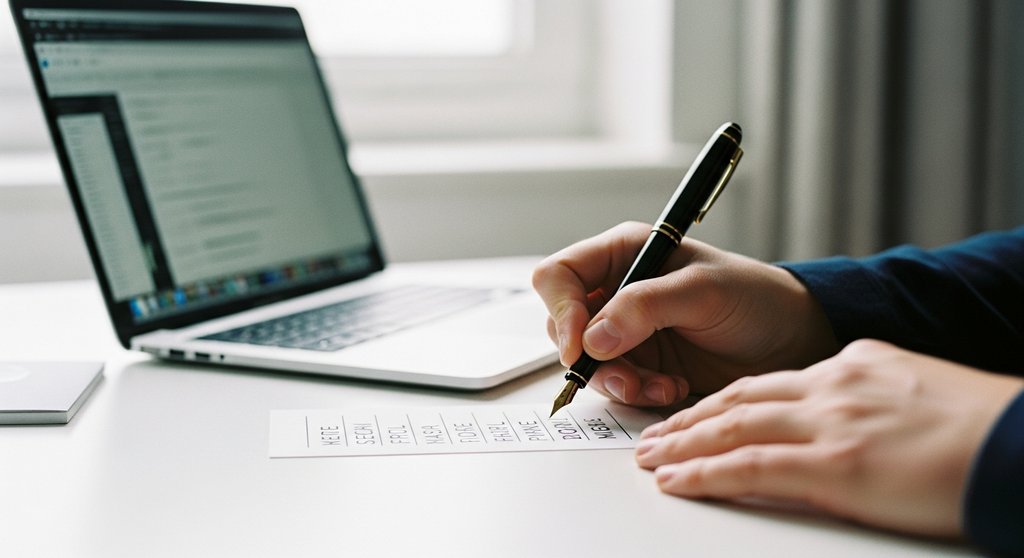 Eine Person sichert sorgfältig ihre MetaMask Seed Phrase handschriftlich auf einer Karte.