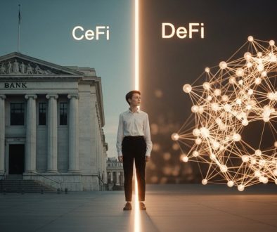 Eine Person steht zwischen einem klassischen Bankgebäude (CeFi) und einem dezentralen Netzwerk (DeFi).