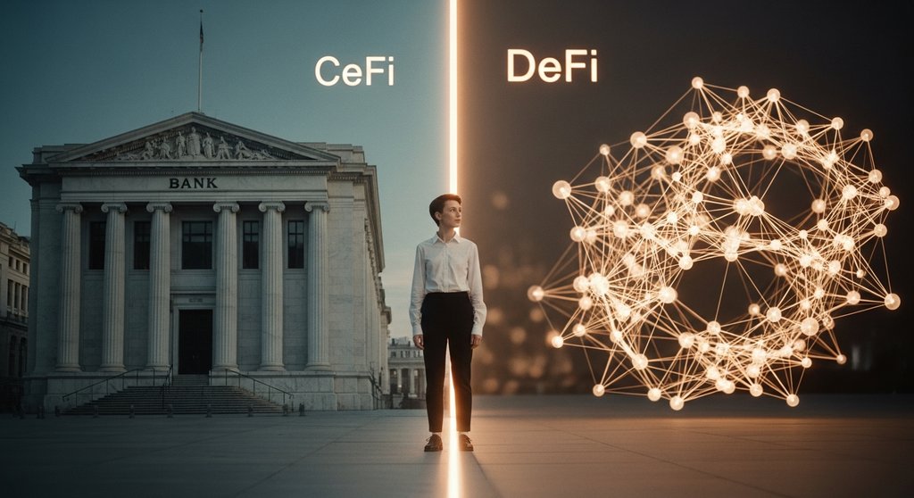 Eine Person steht zwischen einem klassischen Bankgebäude (CeFi) und einem dezentralen Netzwerk (DeFi).
