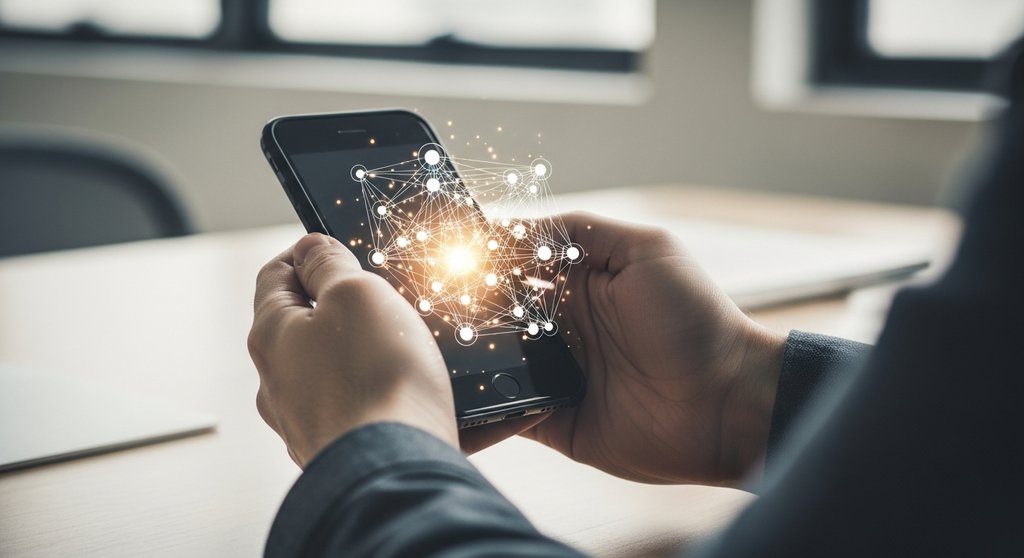 Eine Person verbindet ihr Smartphone-Wallet sicher mit einem dezentralen Netzwerk von dApps.