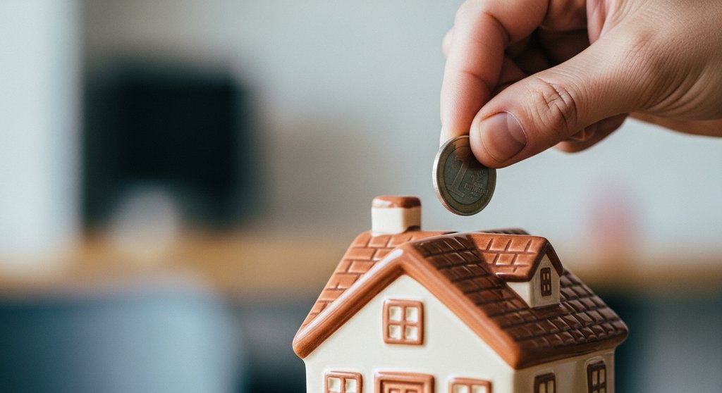 Eine Person wirft eine Münze in ein Haus-Sparschwein, als Symbol für die Instandhaltungsrücklage einer Immobilie.