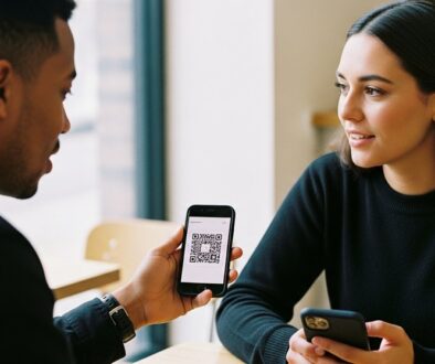 Eine Person zeigt einer anderen einen QR-Code auf dem Smartphone, um Krypto zu empfangen.