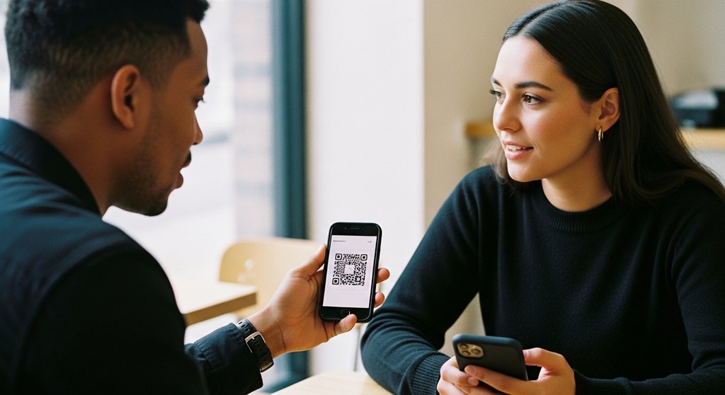Eine Person zeigt einer anderen einen QR-Code auf dem Smartphone, um Krypto zu empfangen.