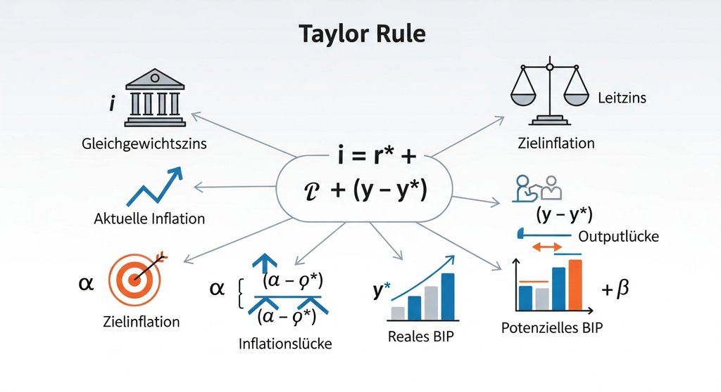 Eine schlichte Infografik, die die Formel der Taylor-Regel visuell aufbricht. Jede Komponente (Gleichgewichtszins, Inflationslücke etc.) wird durch ein simples Icon und eine kurze deutsche Beschriftung dargestellt. Die Grafik hat einen klaren, modernen Stil mit einer begrenzten Farbpalette (z.B. Blau, Grau, Orange) auf hellem Hintergrund. →