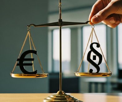 Eine Waage, auf der auf der einen Seite ein Euro-Symbol und auf der anderen Seite ein Paragraph-Symbol balanciert werden, symbolisiert die Taylor-Regel als Ausgleich von Inflation und Wirtschaftswachstum. Editorial Style, Shot on 35mm camera, gedämpfte, natürliche Farben, tiefe Schärfentiefe mit unscharfem Hintergrund eines modernen Büros. Das Licht fällt seitlich auf die Waage und erzeugt weiche Schatten. Kodak Portra 400 style mit sichtbarer Hauttextur auf der Hand, die die Waage justiert. →