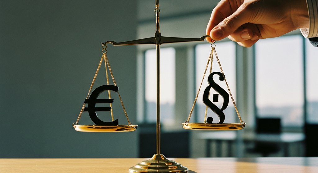 Eine Waage, auf der auf der einen Seite ein Euro-Symbol und auf der anderen Seite ein Paragraph-Symbol balanciert werden, symbolisiert die Taylor-Regel als Ausgleich von Inflation und Wirtschaftswachstum. Editorial Style, Shot on 35mm camera, gedämpfte, natürliche Farben, tiefe Schärfentiefe mit unscharfem Hintergrund eines modernen Büros. Das Licht fällt seitlich auf die Waage und erzeugt weiche Schatten. Kodak Portra 400 style mit sichtbarer Hauttextur auf der Hand, die die Waage justiert. →