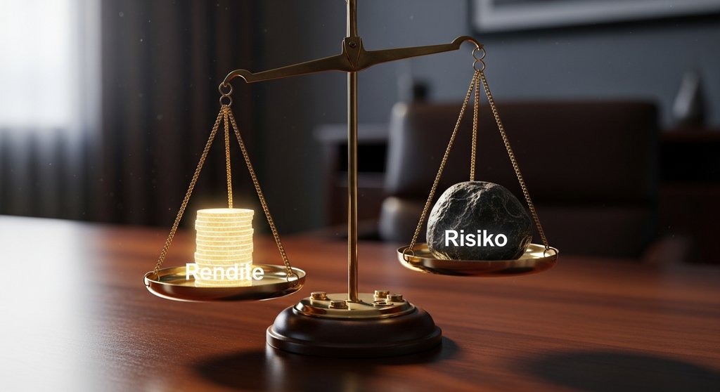 Eine Waage, die die Rendite und das Risiko von Unternehmensanleihen symbolisch gegeneinander abwägt.