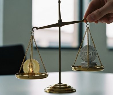 Eine Waage in Balance mit Ethereum- und DAI-Coins, die das Konzept von Impermanent Loss symbolisiert.