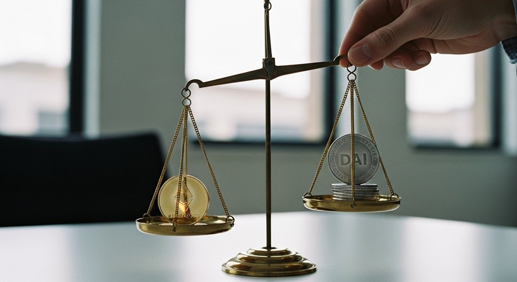 Eine Waage in Balance mit Ethereum- und DAI-Coins, die das Konzept von Impermanent Loss symbolisiert.
