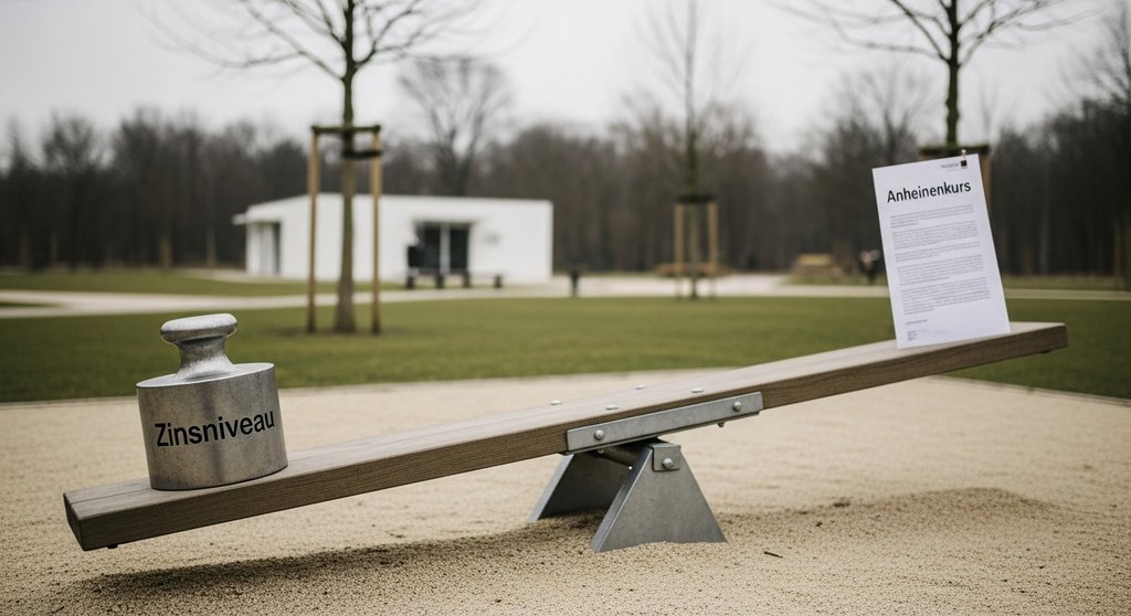 Eine Wippe symbolisiert, wie ein steigendes Zinsniveau den Kurs einer Anleihe senkt.