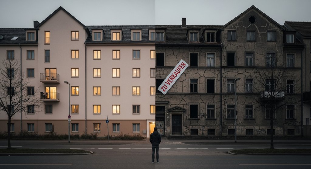 Geteilter Immobilienmarkt in Deutschland: eine sanierte und eine unsanierte Immobilie im direkten Vergleich.