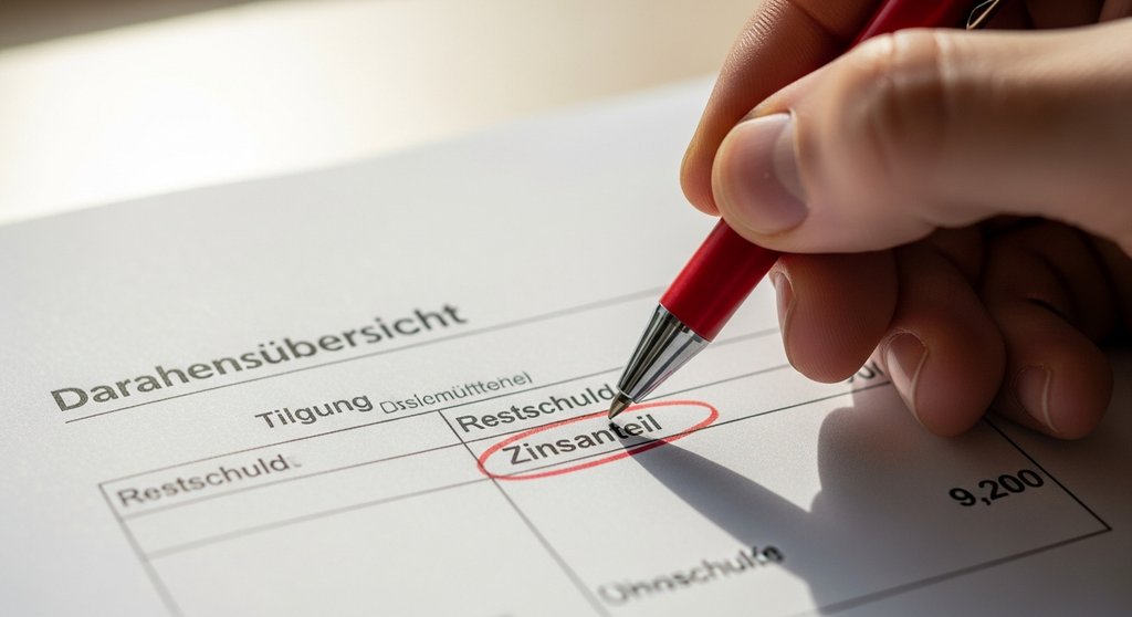 Hand kreist den absetzbaren Zinsanteil auf einem Darlehensvertrag ein.