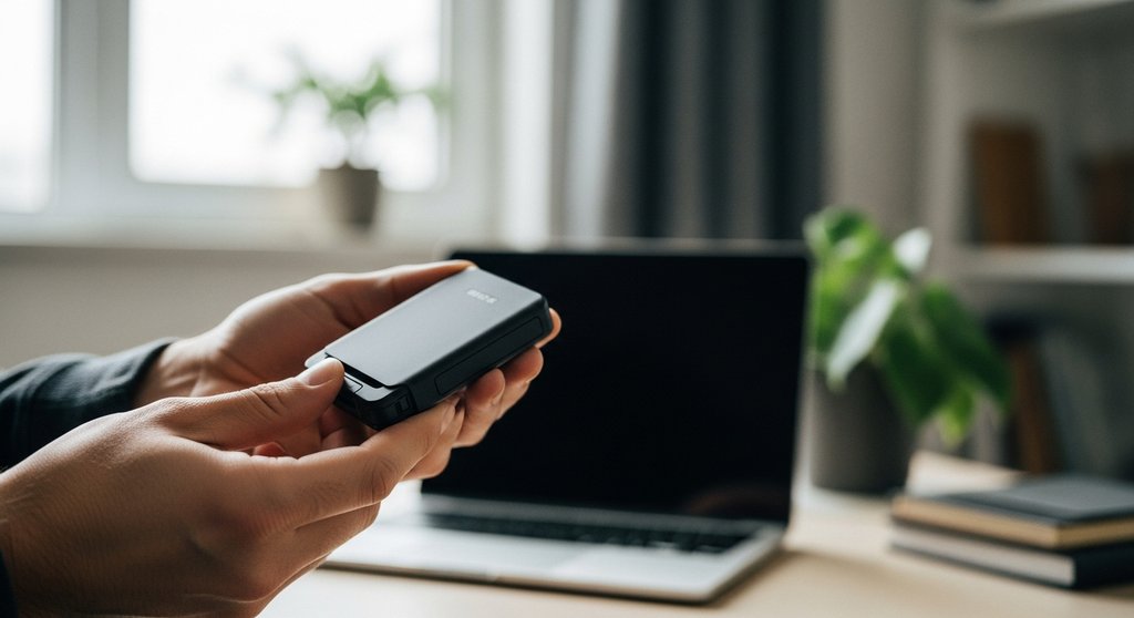 Hände halten ein Hardware Wallet, das Symbol für die sichere Verwahrung von Kryptowährungen.