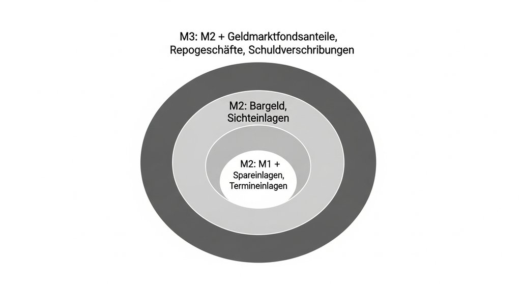 Infografik der Geldmengenaggregate M1, M2 und M3 als ineinander verschachtelte Kreise.