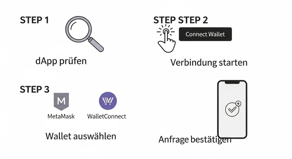 Infografik der vier Schritte zur Verbindung eines Wallets mit einer dApp.