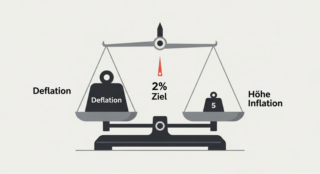 Infografik, die das Inflationsziel von 2% als perfekten Ausgleich zwischen Deflation und hoher Inflation darstellt.