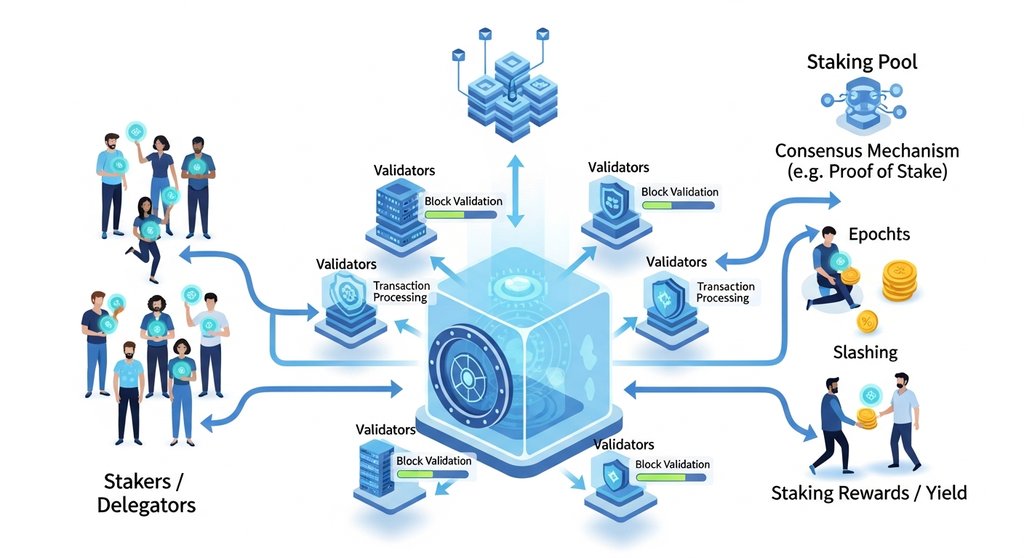Infografik, die das Prinzip des Krypto Staking mit Validatoren und Stakern erklärt.