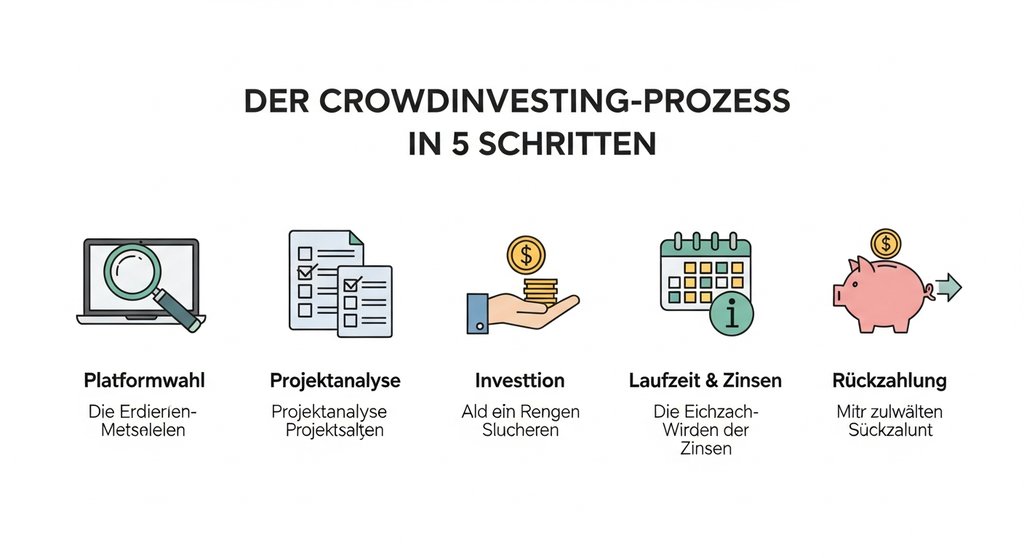 Infografik, die den 5-Schritte-Prozess des Immobilien-Crowdinvesting darstellt.