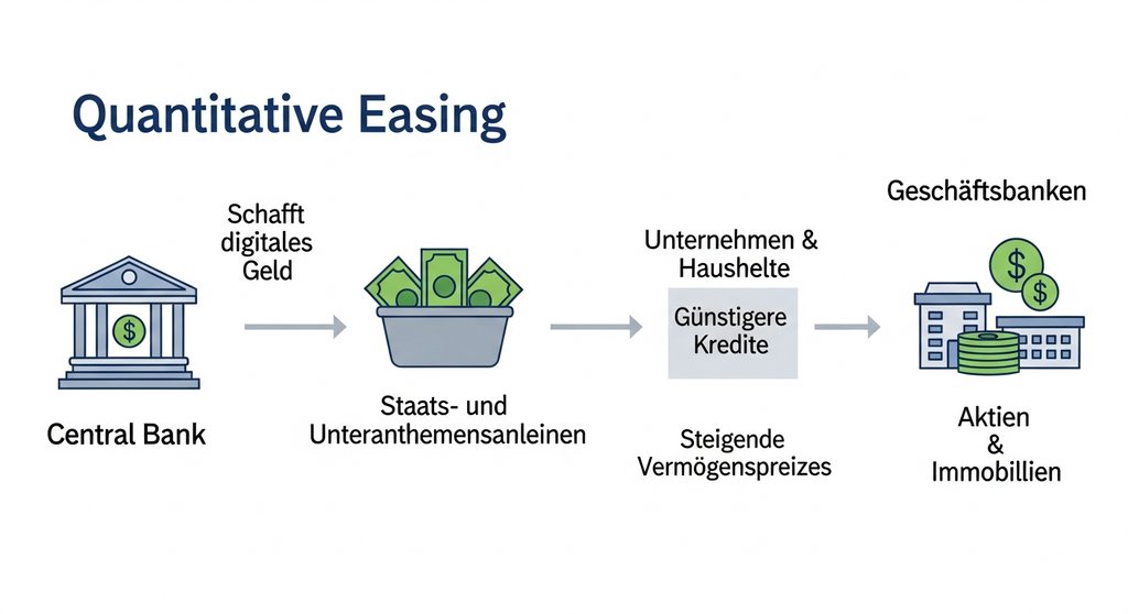 Infografik, die den einfachen Ablauf von Quantitative Easing von der Zentralbank bis zur Realwirtschaft darstellt.